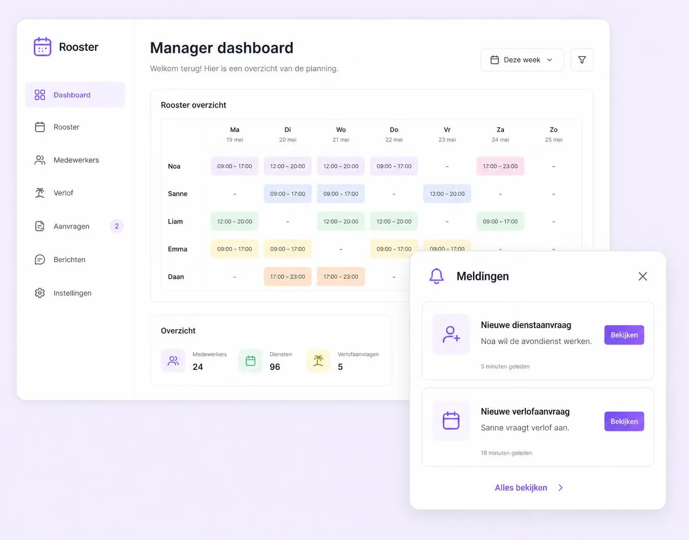 Dashboard van RoosterGemak met meldingen over een dienstaanvraag en een verlofaanvraag
