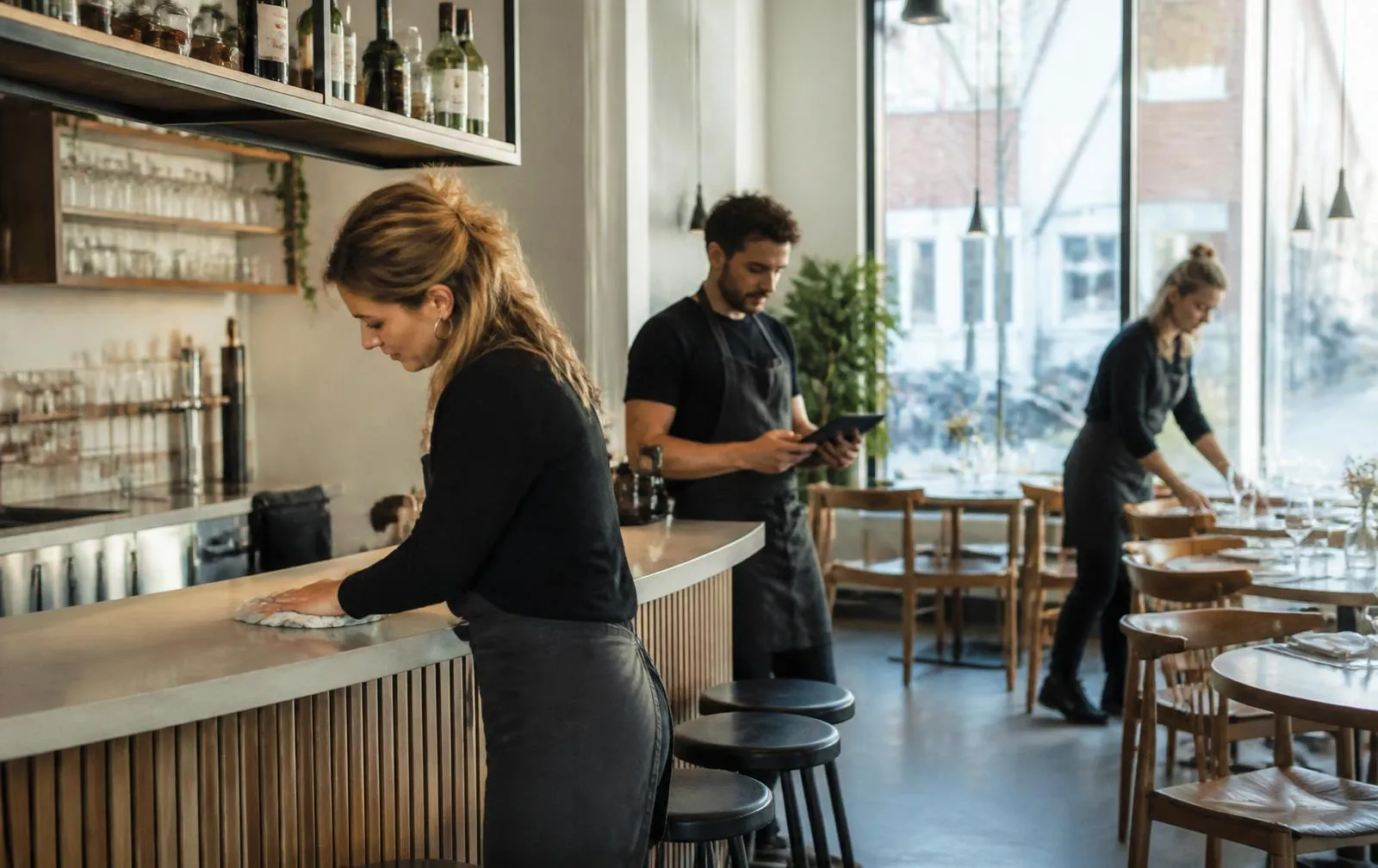 Horecateam maakt de zaak klaar voor de dienst